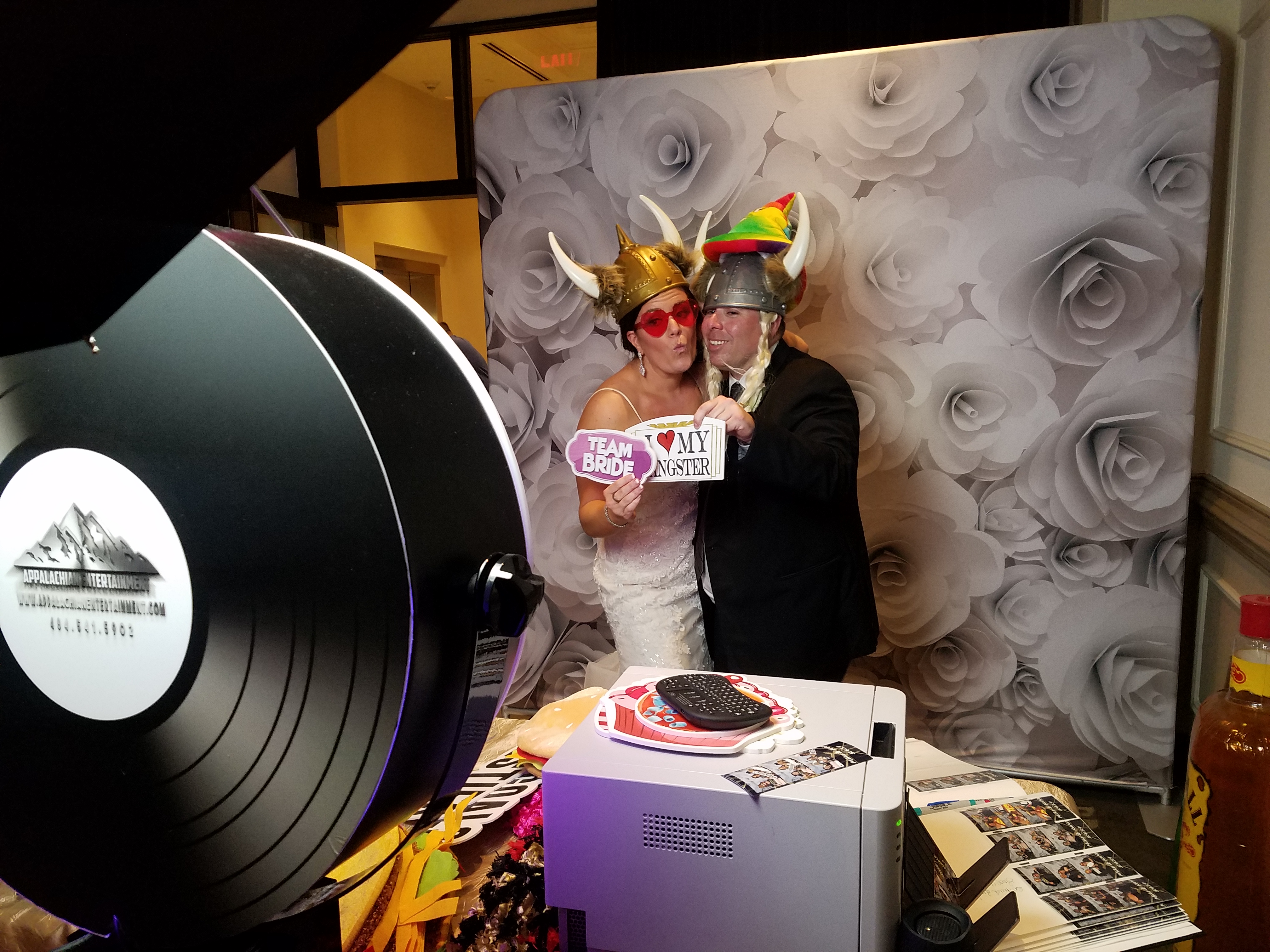 Bride & Groom smiling in Appalachian Entertainment's Photo booth at vault 634 in Allentown, Pa Gatsby theme